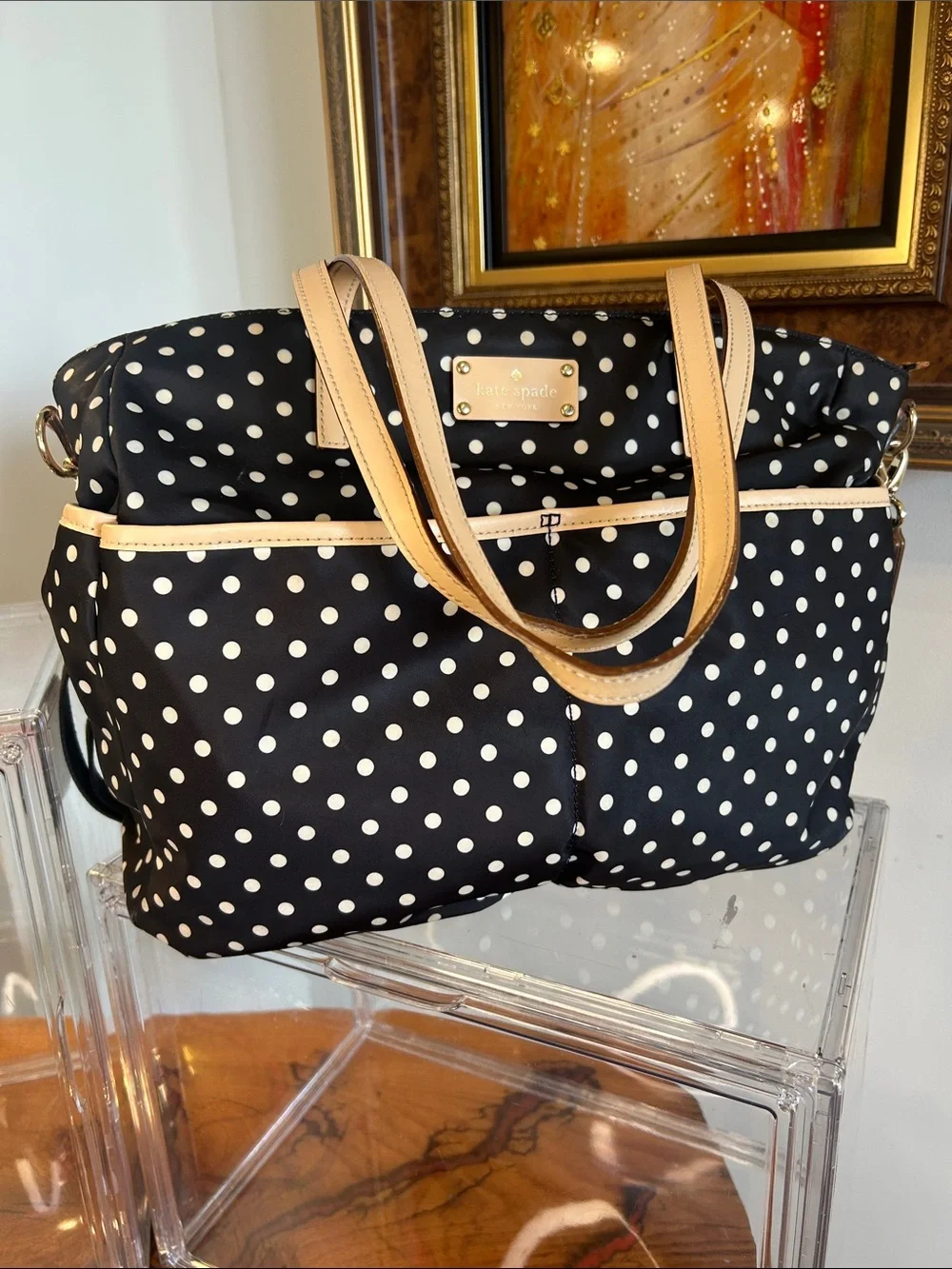 kate spade Black Polka Dot Nylon Tote with Beige Leather Trim 15”x 4.5”x 12” EUC